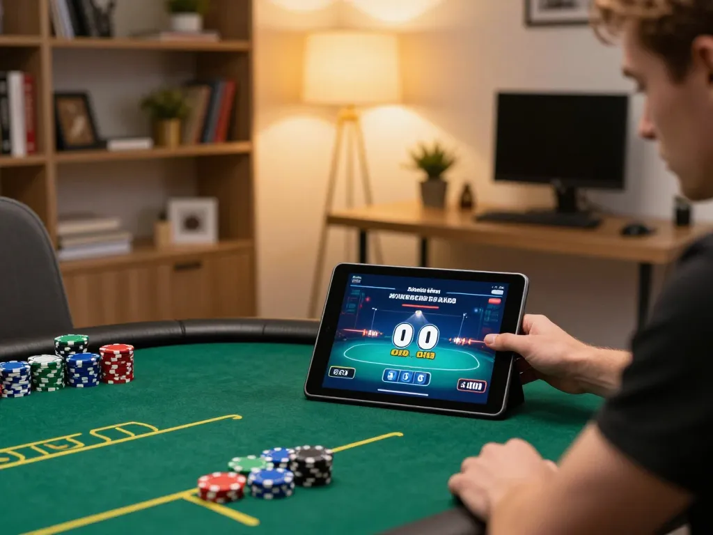 Engaging poker gameplay on a tablet at lv88 casino with warm home office ambiance.