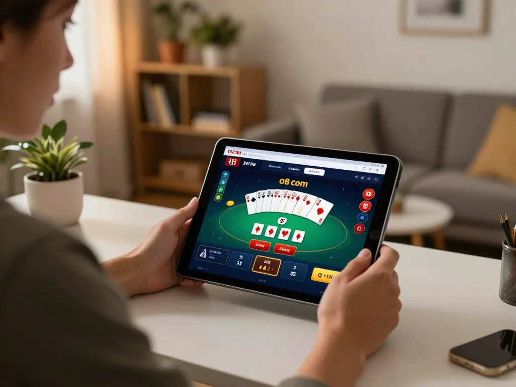 Engaging with O8 com's online casino platform on a tablet in a cozy living room setting.