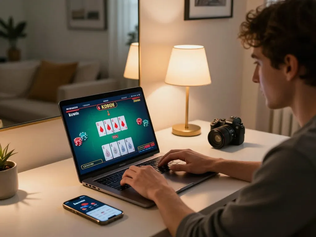 Kuwin player engaged in live dealer game on laptop, cozy home setup showcasing strategic gameplay