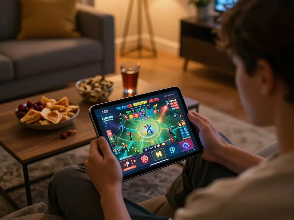 Engaging with the HB88 casino app on tablet in a cozy home setting