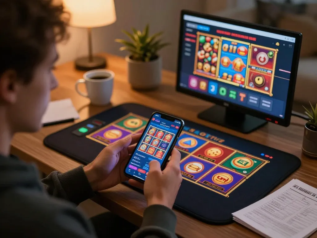 A person engaging with NK88's mobile app for online gaming, surrounded by strategy notes in a cozy setting