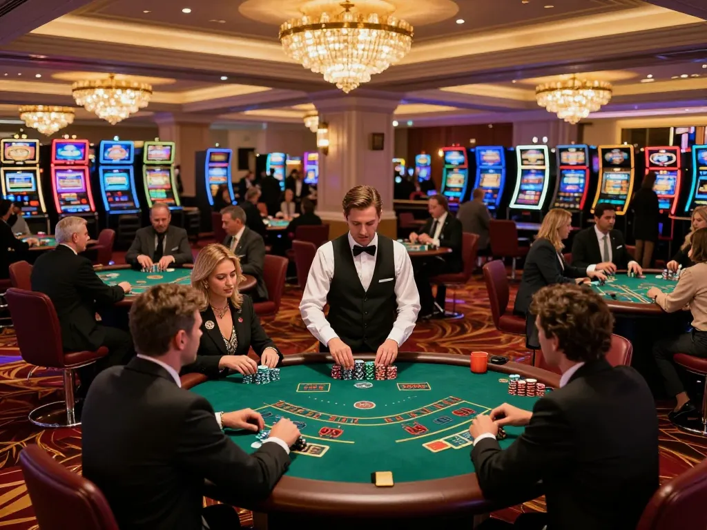 Players engaging in strategic gameplay at 78WIN casino's vibrant blackjack tables, showcasing an upscale gambling atmosphere.