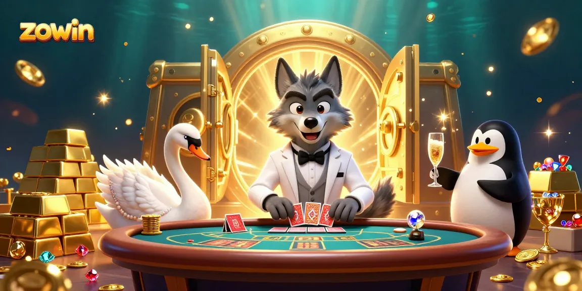 Experience the thrill of zouin with a vibrant casino scene featuring a wolf, swan, and penguin.