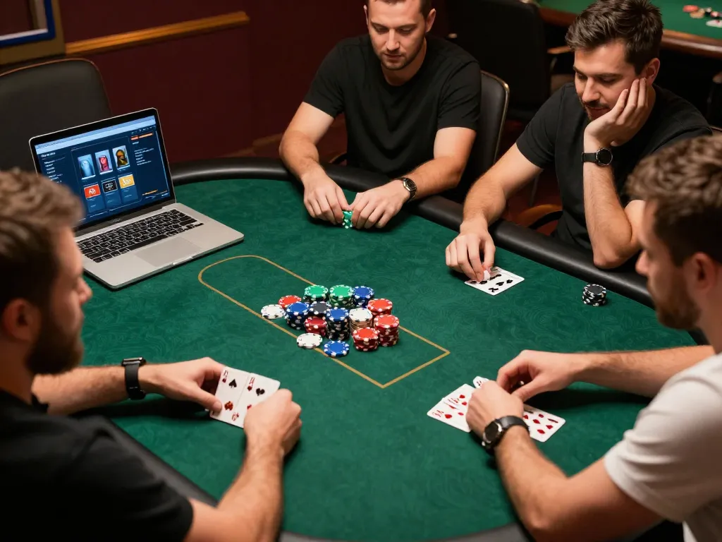 Players strategizing during an LV88 poker game, showcasing online and in-person gambling excitement.