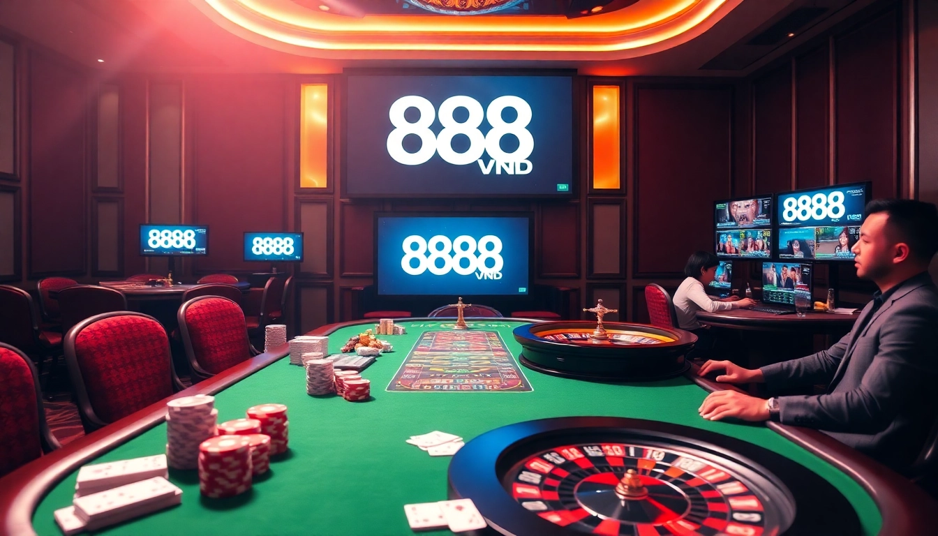 Experience the thrill of betting at 888VND with vibrant casino elements and professional ambiance.