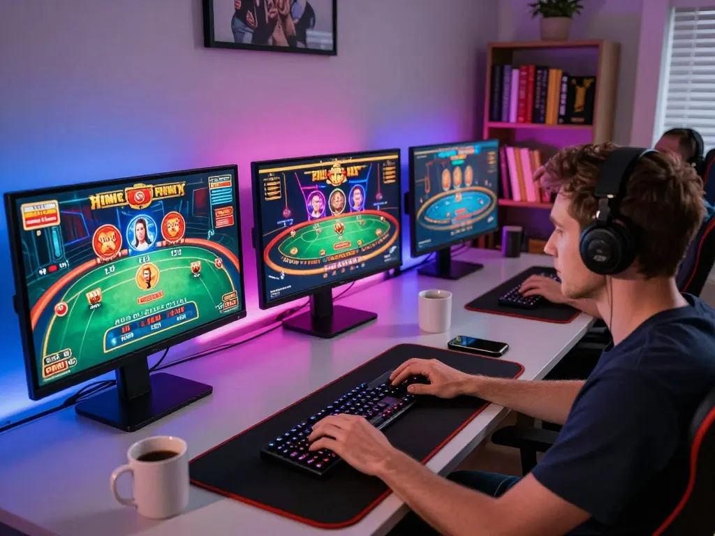 Engaging in online gambling at https://gnk88.com/ with focused gameplay setup at home, showcasing table and slots.