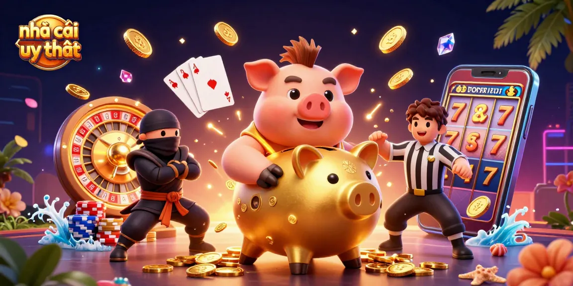 Engage with nhà cái uy tín as golden coins cascade from a giant piggy bank sumo wrestler surrounded by vibrant casino elements.