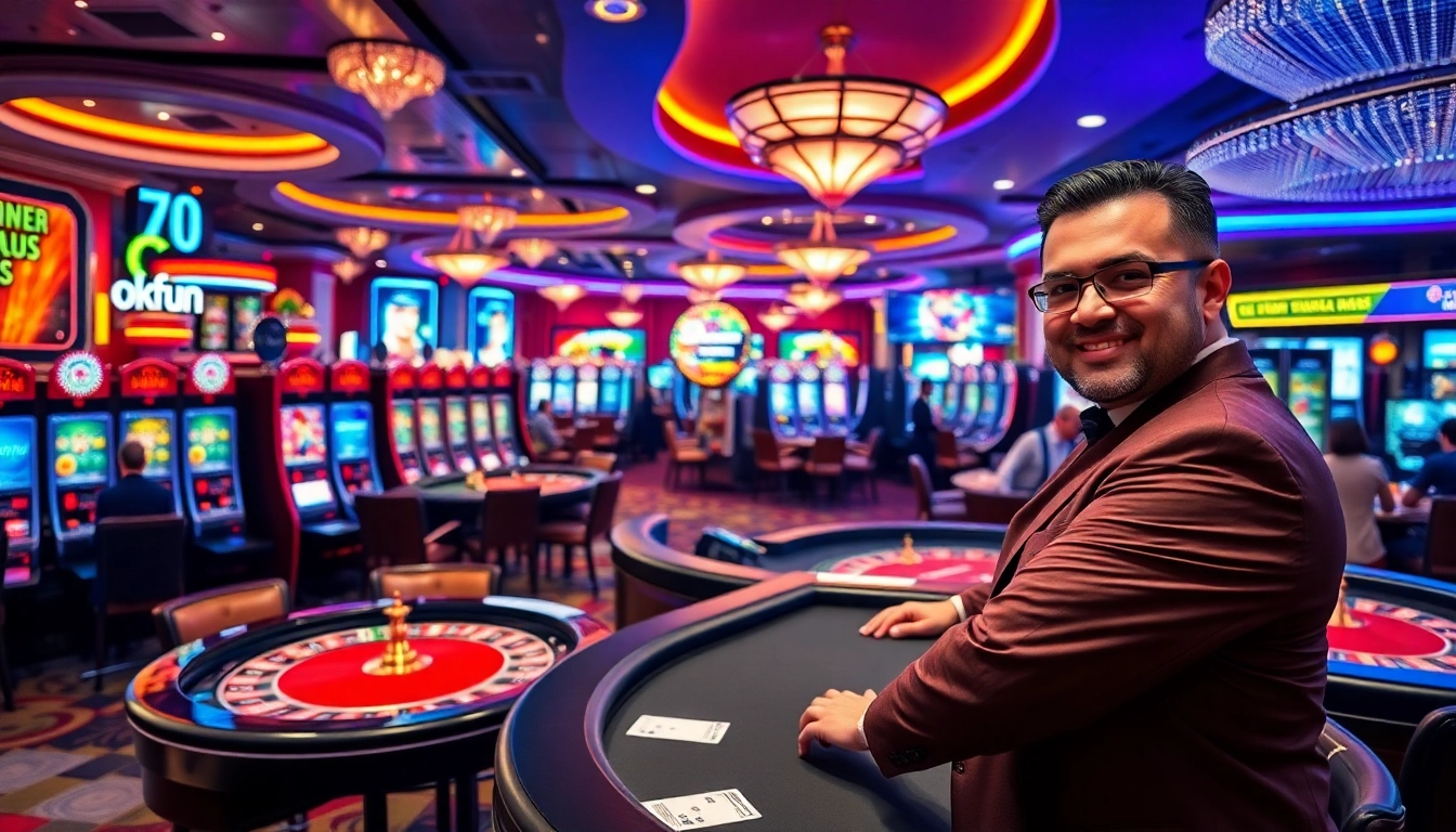 Experience the excitement of gambling with Okfun's vibrant casino atmosphere, featuring slot machines and poker tables.
