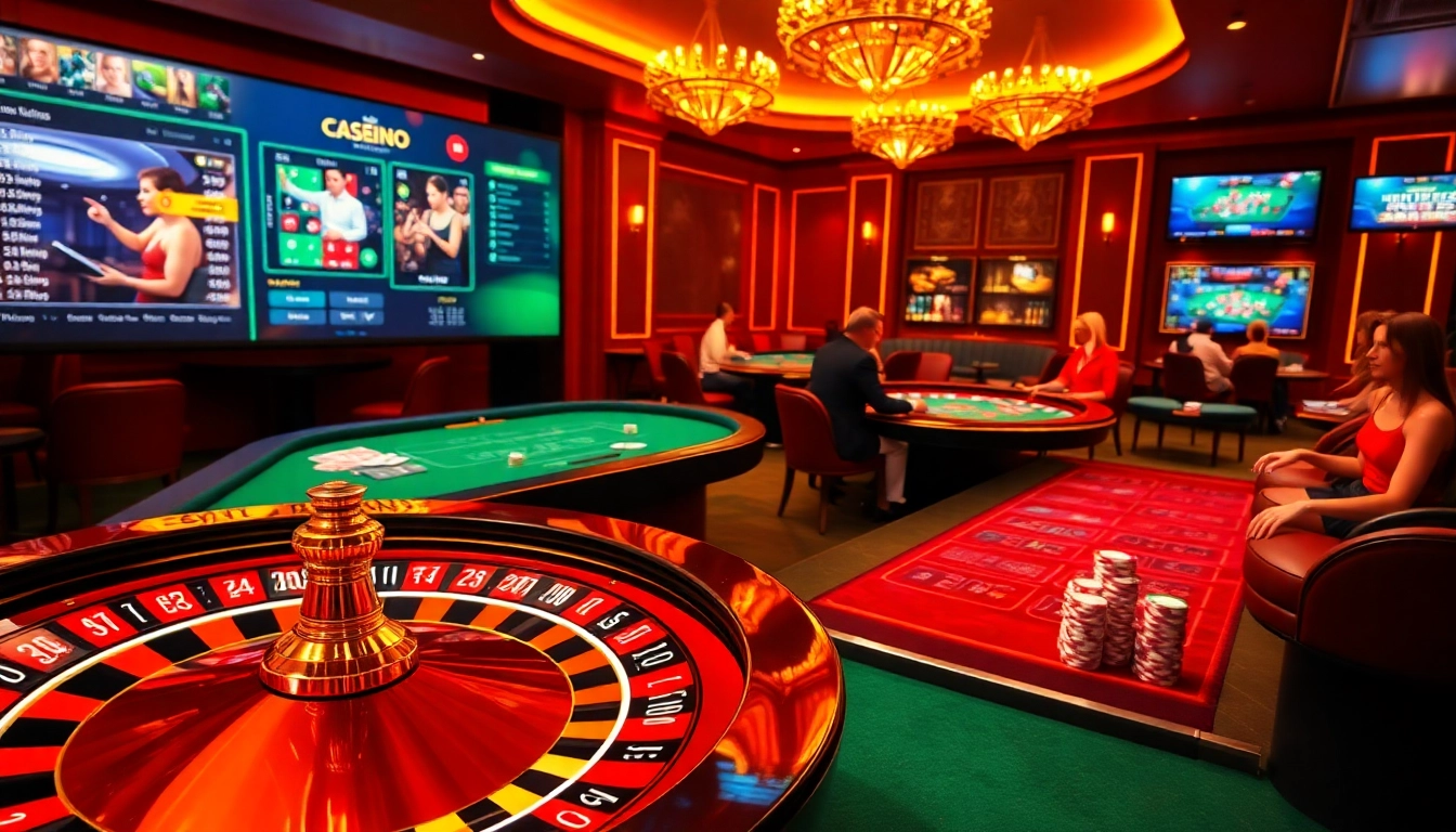 Engaged gamblers enjoying games at nhà cái 8XX's luxurious casino environment.