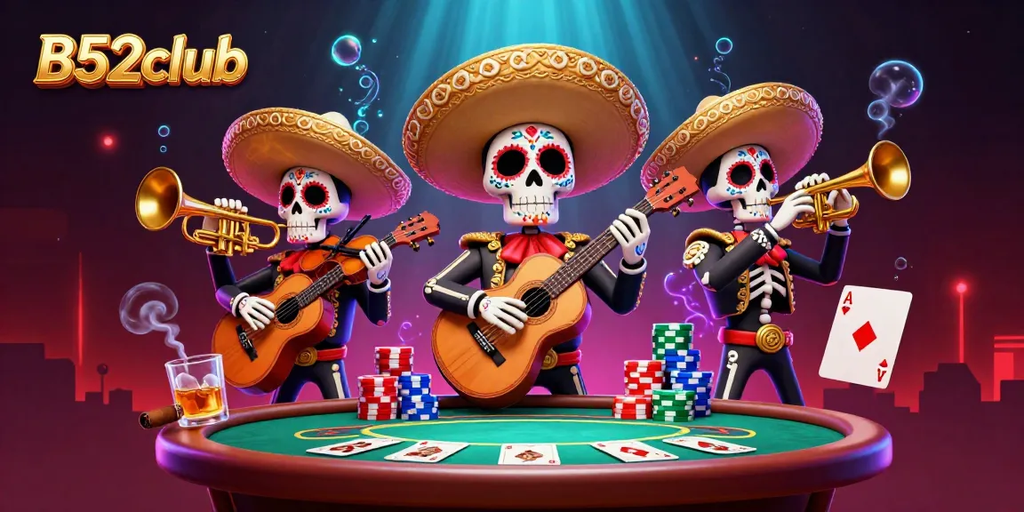 B52club showcases a vibrant 3D illustration featuring colorful Day of the Dead skeletons in a lively casino setting with poker elements.