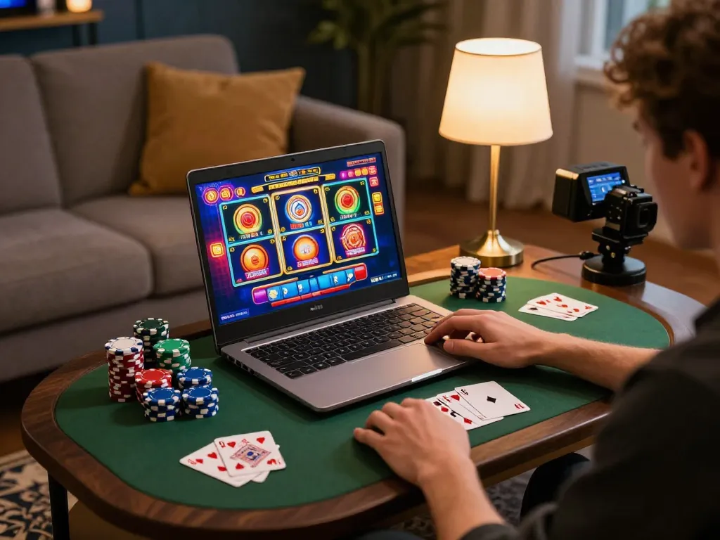 Experience WW88 online gaming with slots and poker from a cozy home setup, showcasing strategic play.