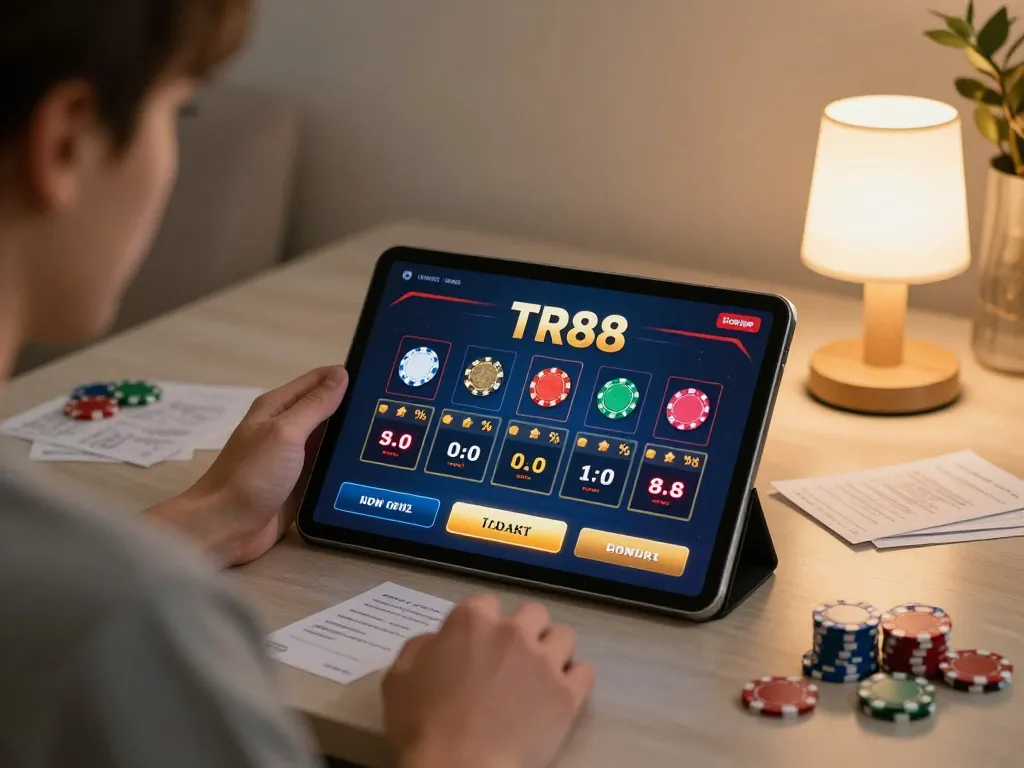 Engaging in TR88 online gaming, a player analyzes betting strategies on a tablet in a cozy setting