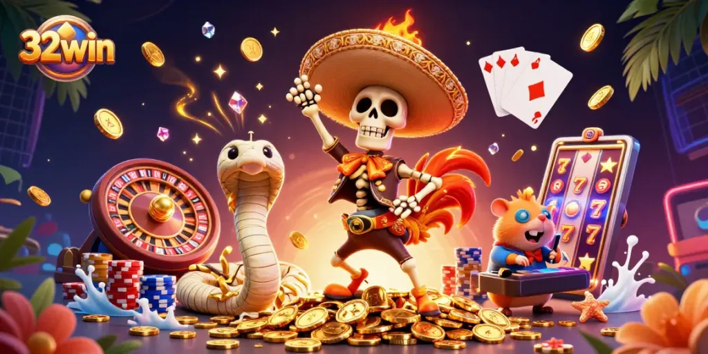 32win showcases a lively gambling scene with animated characters, dynamic casino elements, and vivid graphics.