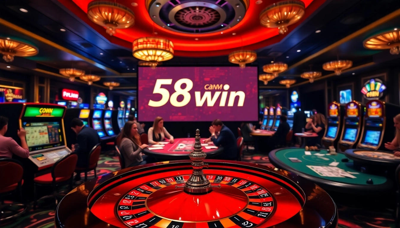 Exciting gaming action at 58win com with players engaged at a roulette table and vibrant slot machines.