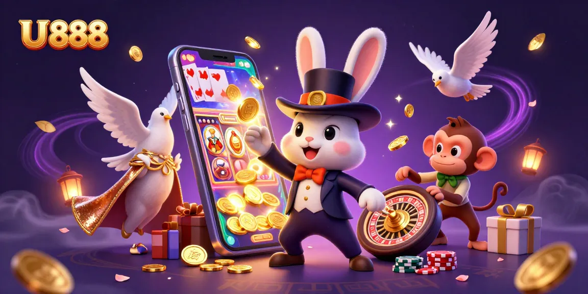 Experience the magic of U 888 with a rabbit, dove, and monkey in a vibrant casino scene.