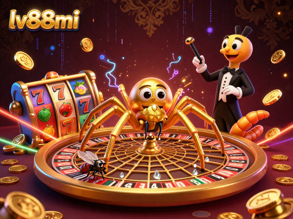 Experience thrilling bets with the lively lv88mi casino illustration featuring a spider, fly, and centipede.