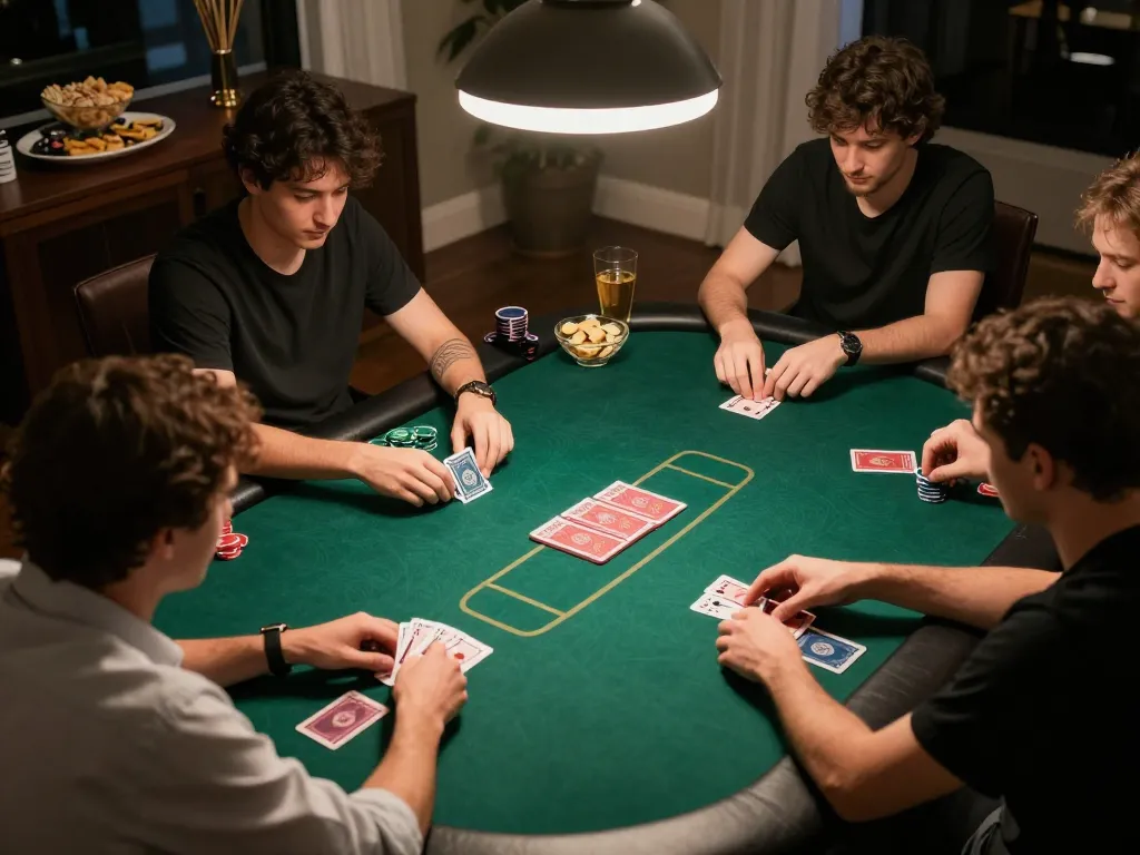 Players strategizing at a poker table during a home game night while enjoying rikvip gaming.