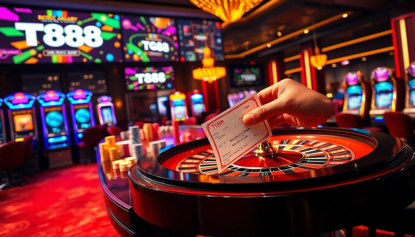 TG88 themed gaming scene showcasing vibrant casino elements with poker chips and a roulette wheel.