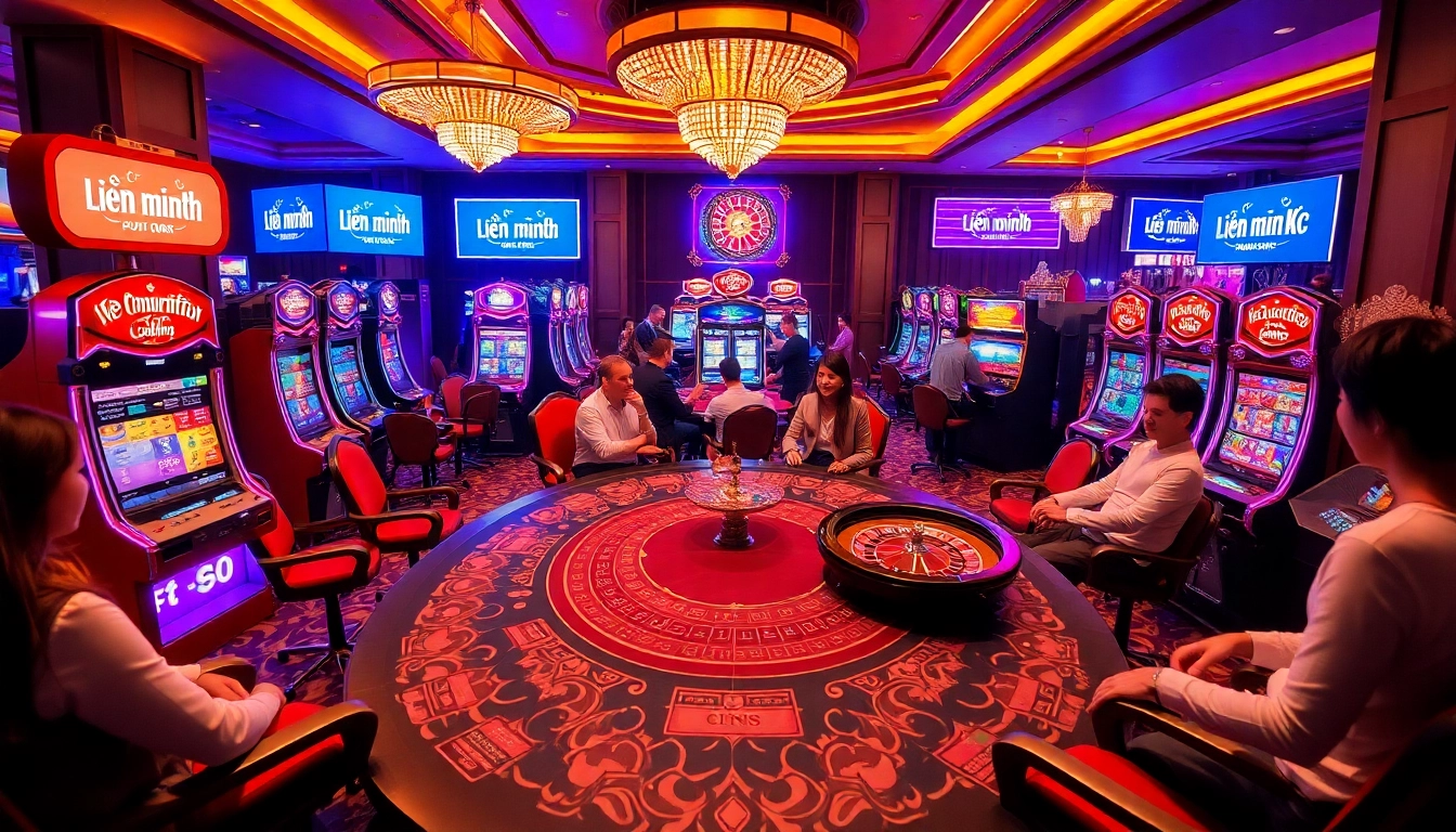 Exciting gaming atmosphere at Liên minh KJC's poker table with vibrant slot machines.