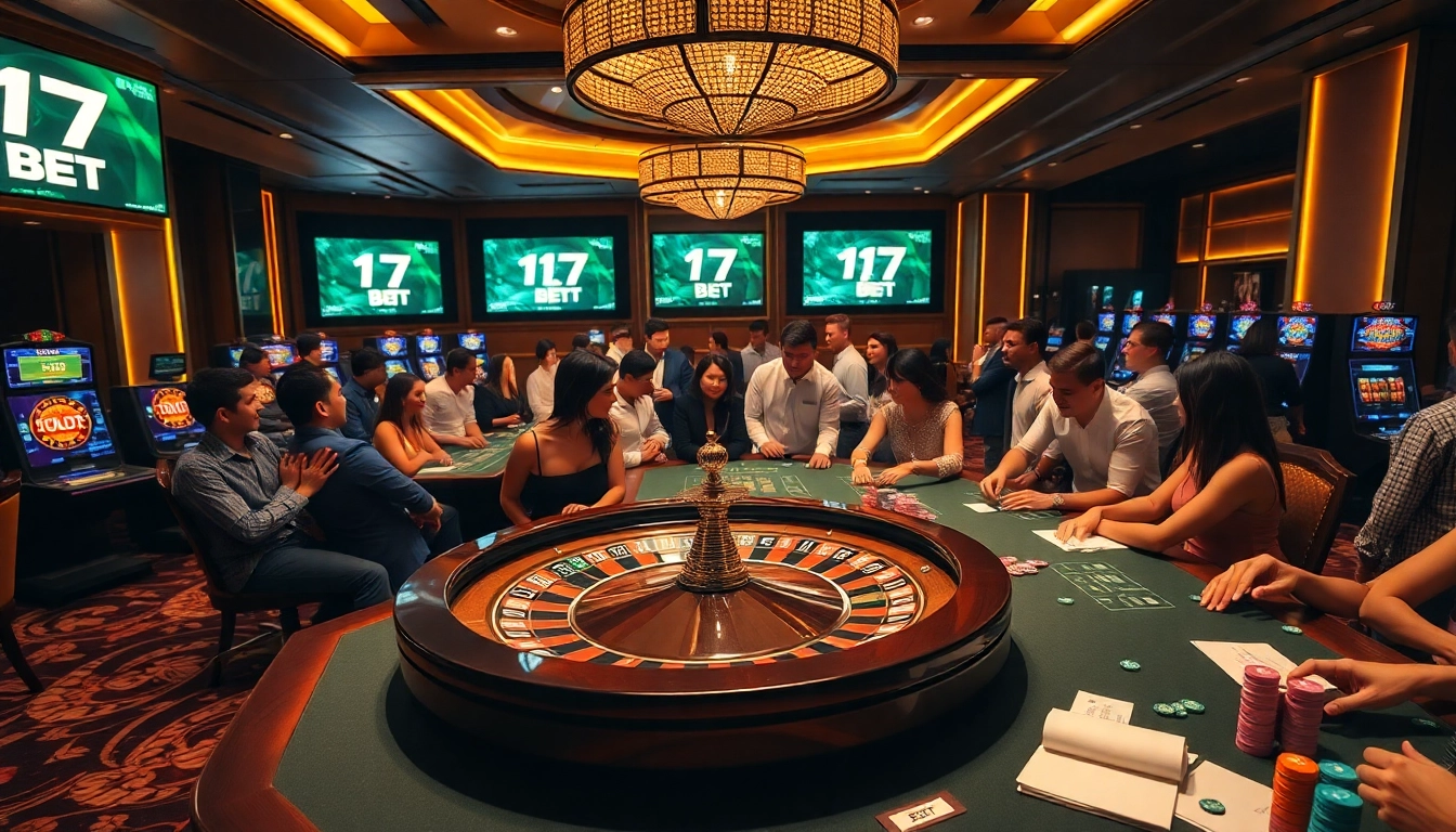 Gamblers placing bets at a luxurious casino, showcasing excitement around the 17 BET betting experience.