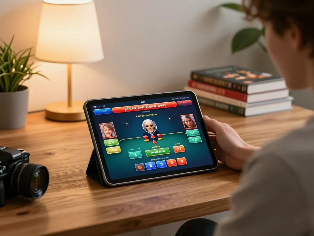 Playing at okking nhà cái online casino on a tablet in a cozy living room setting