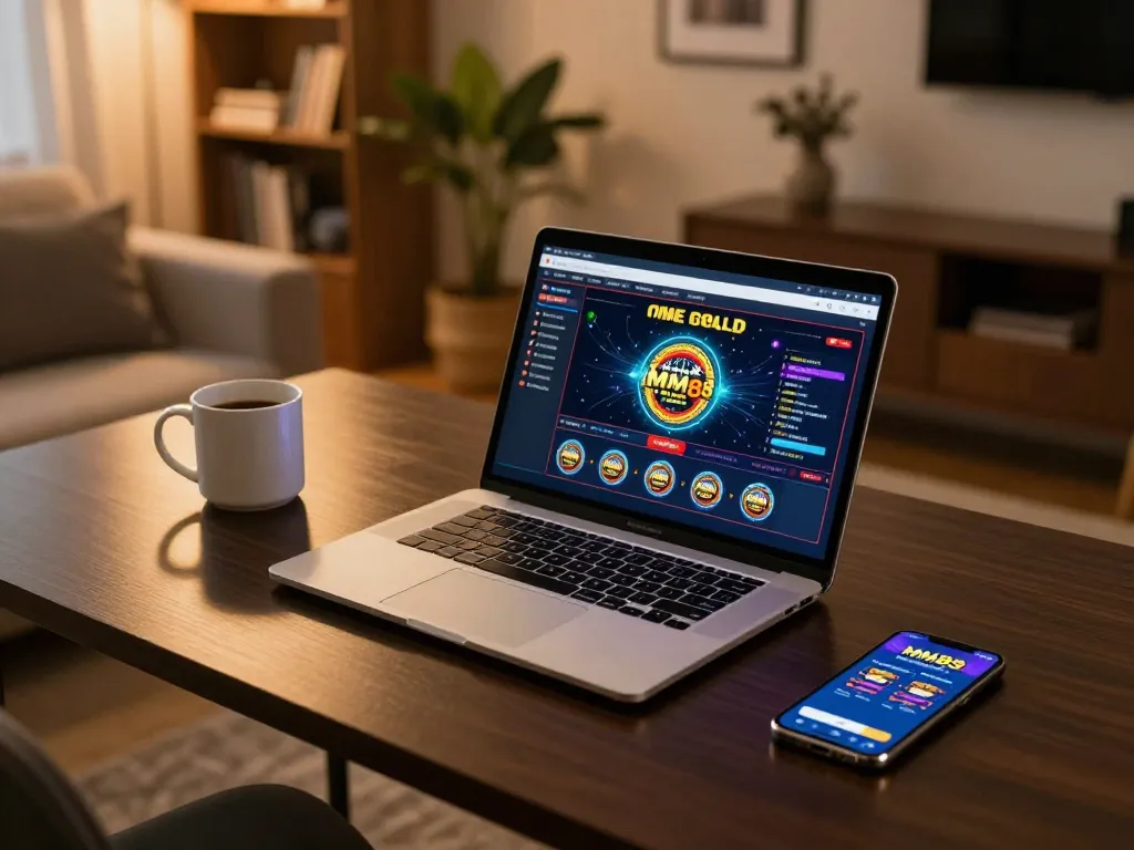 Engaging MM88 online gambling gameplay displayed on a sleek laptop in a cozy home setting.