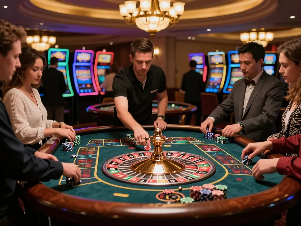 MM88 players engaging in exciting roulette action, vibrant colors and dynamic atmosphere.