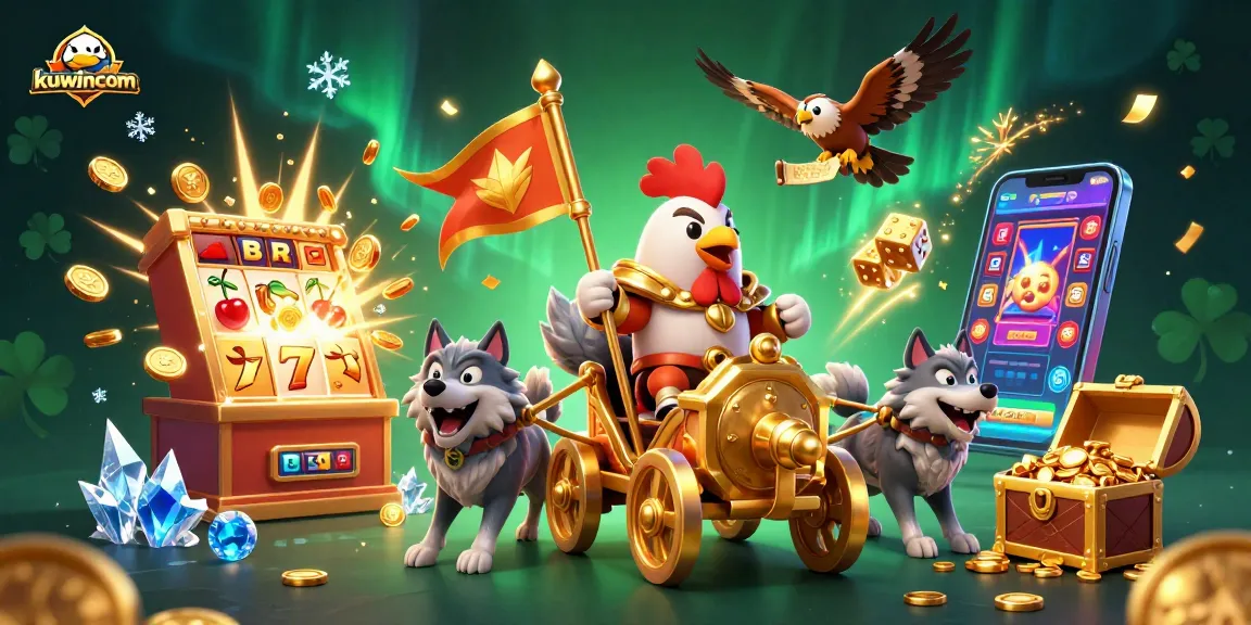 Kuwincom's vibrant 3D casino scene features adventurous elements like a rooster warlord and slot machines.