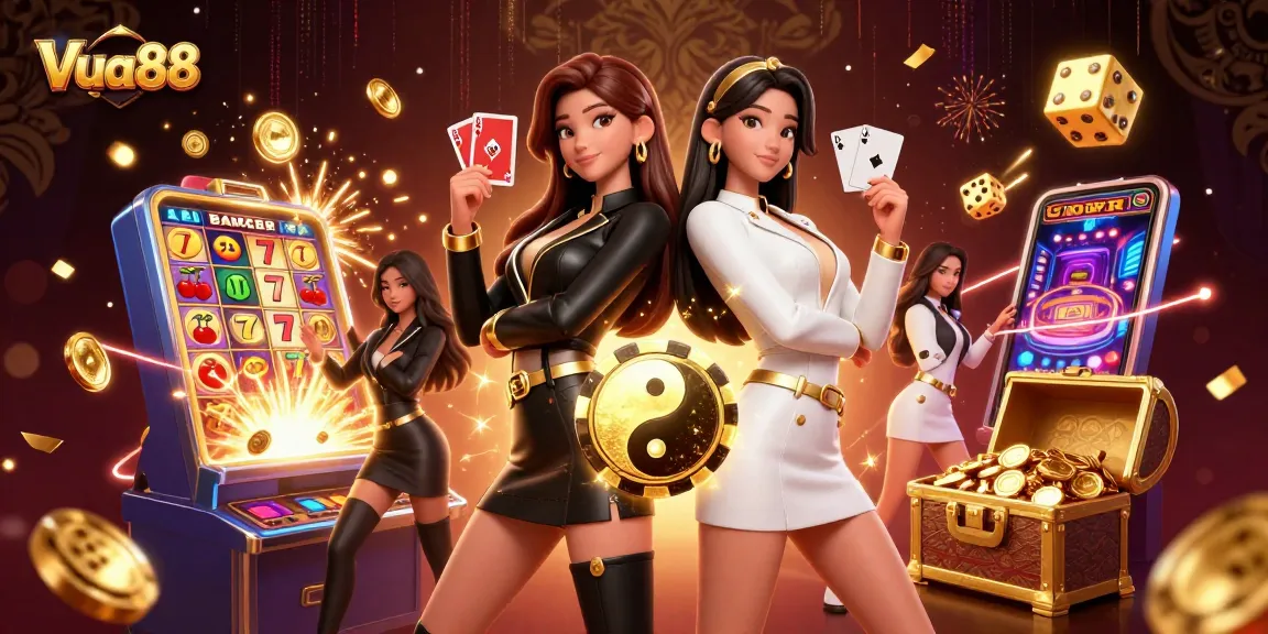 Vua88 showcases a thrilling casino scene with twin women holding cards, stacked with dynamic game elements.