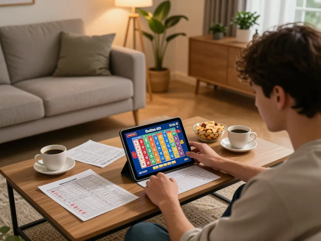 Engaging in online 9 Lotto 4D gaming in a cozy home setting with strategic notes.