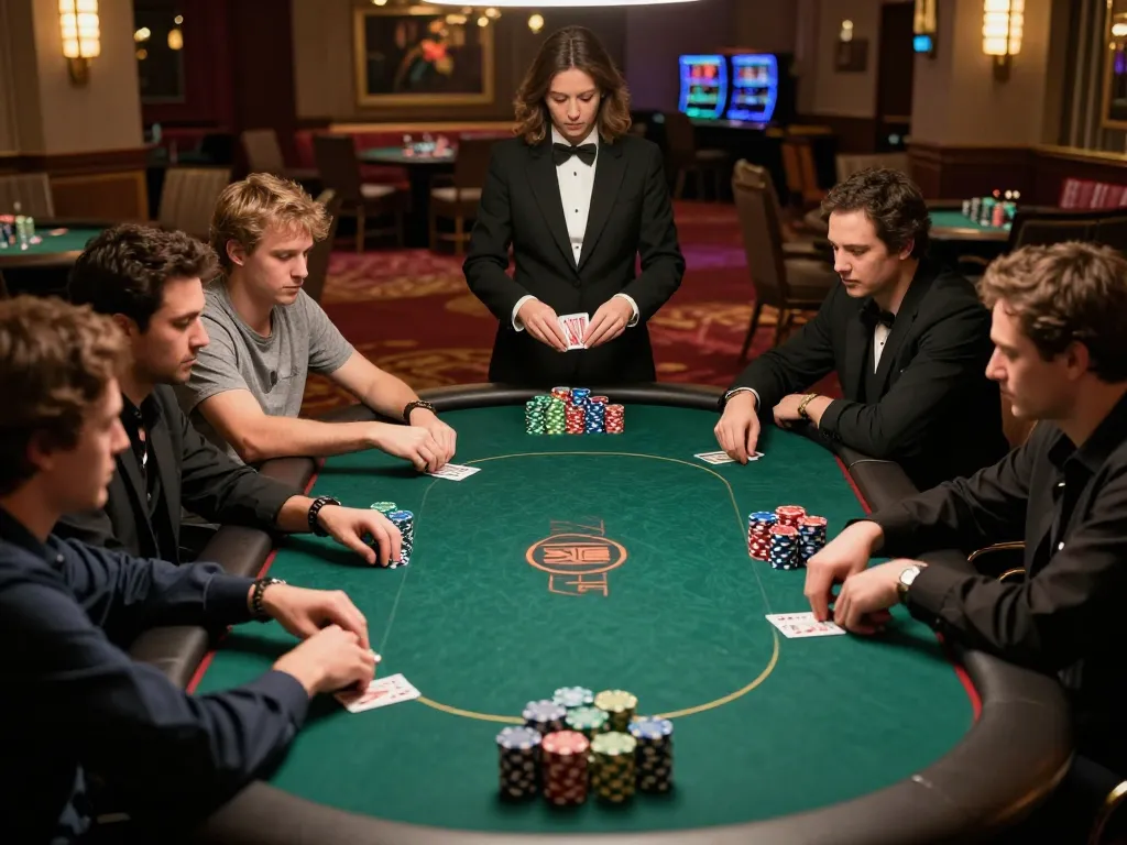Players strategize at poker tables on https://da88at.com/ in an upscale casino with vibrant chips.