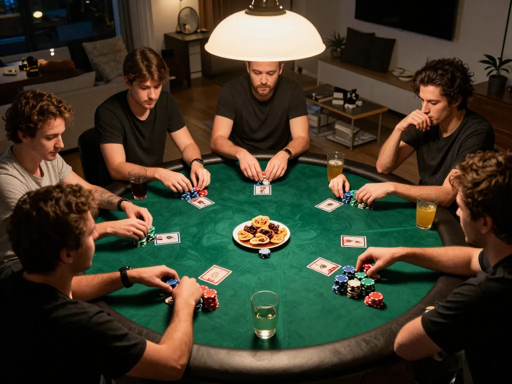 Engaged players strategizing during a thrilling km777 poker night at home with chips and cards.