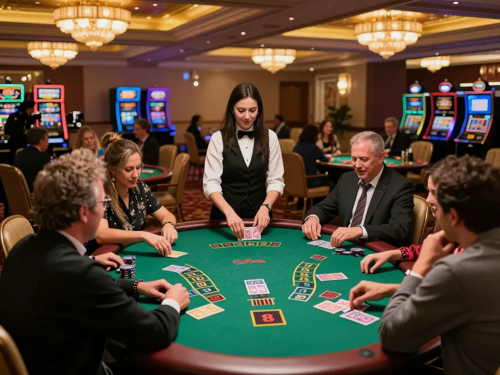 Players engaged at VIPWIN blackjack table, showcasing excitement and strategy in a luxurious casino setting
