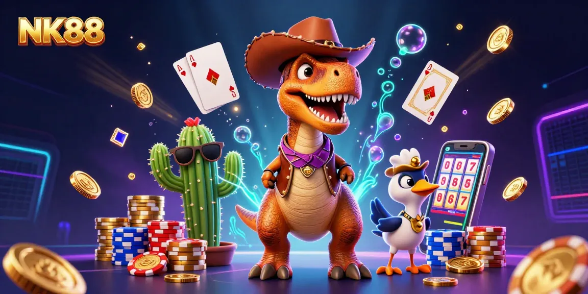 Experience the excitement of NK88 with a cartoon T-Rex, poker chips, and vibrant casino elements.