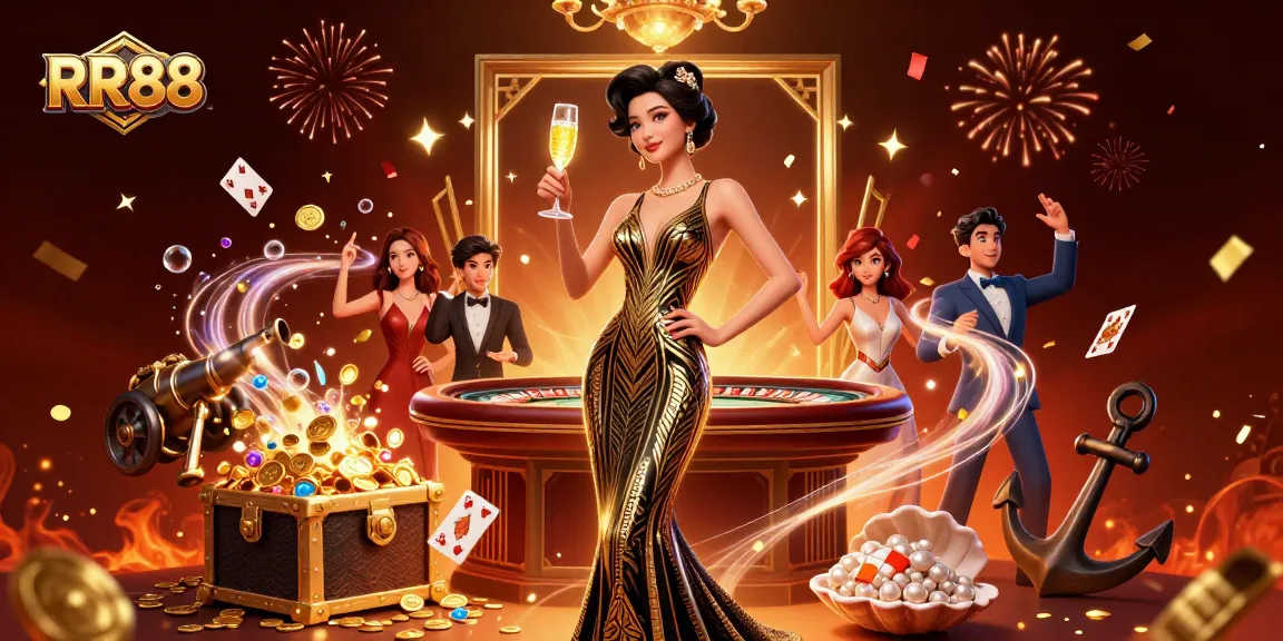 Experience the thrill of RR88 casino with dynamic energy, showcasing an elegant woman amidst festive gambling elements.