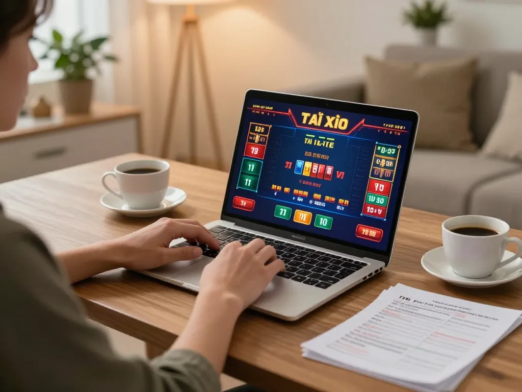 Engaged player using taixiuonlinego app for online Tài Xỉu in cozy home setup