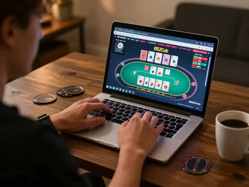 B52Club player enjoying diverse card games in a cozy home gaming setup.