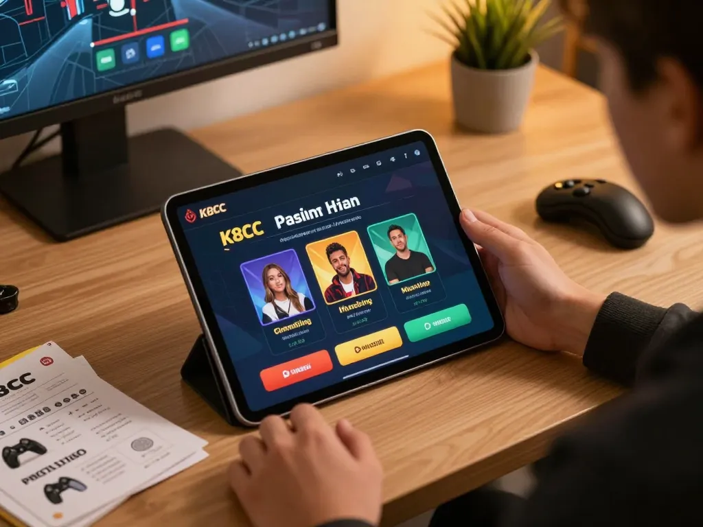 K8CC player enjoying a seamless online casino experience on a tablet, surrounded by personal gaming strategy materials.