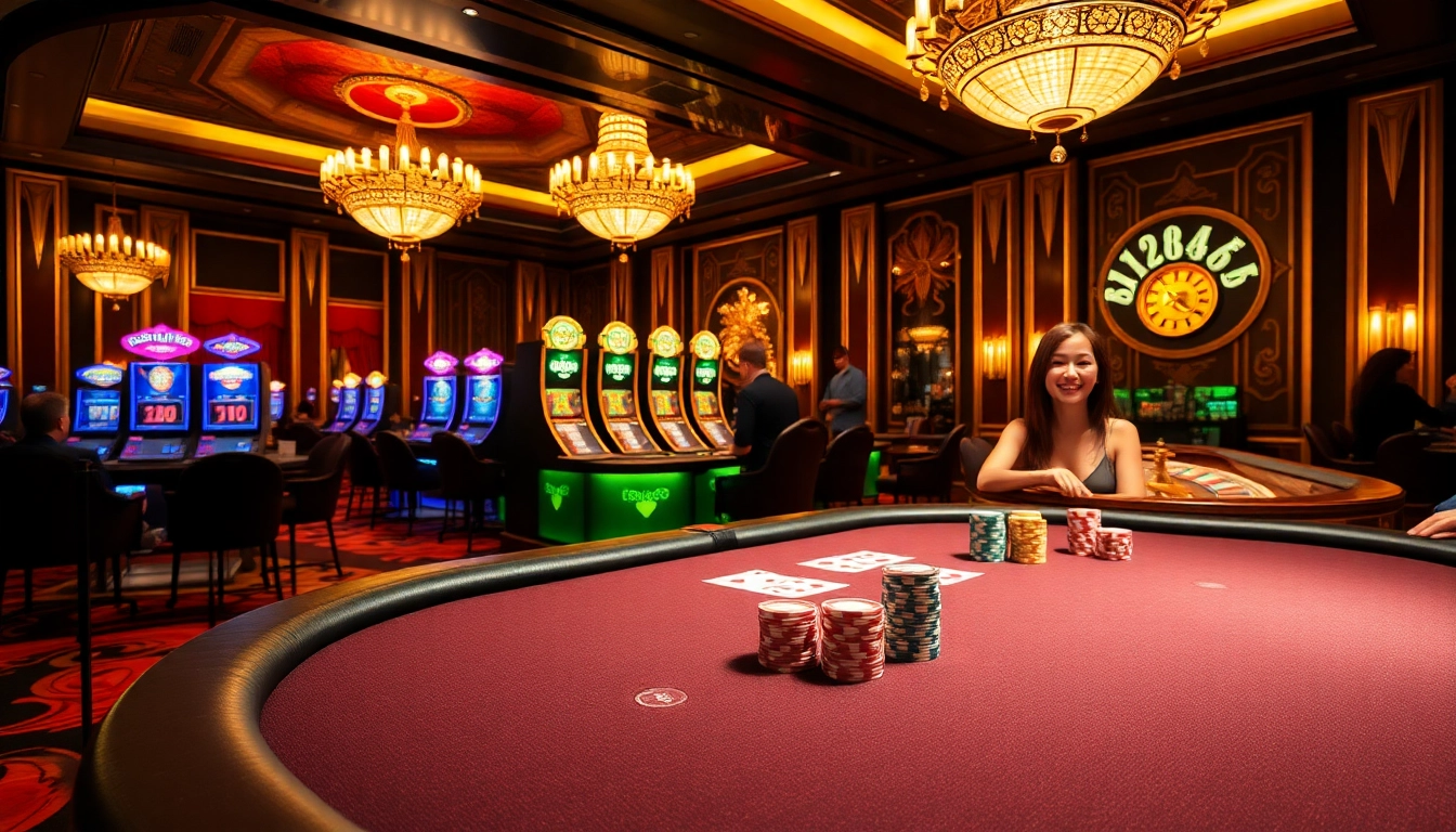 Experience the thrilling atmosphere of fly888 club at a luxurious casino table with vibrant gaming elements.