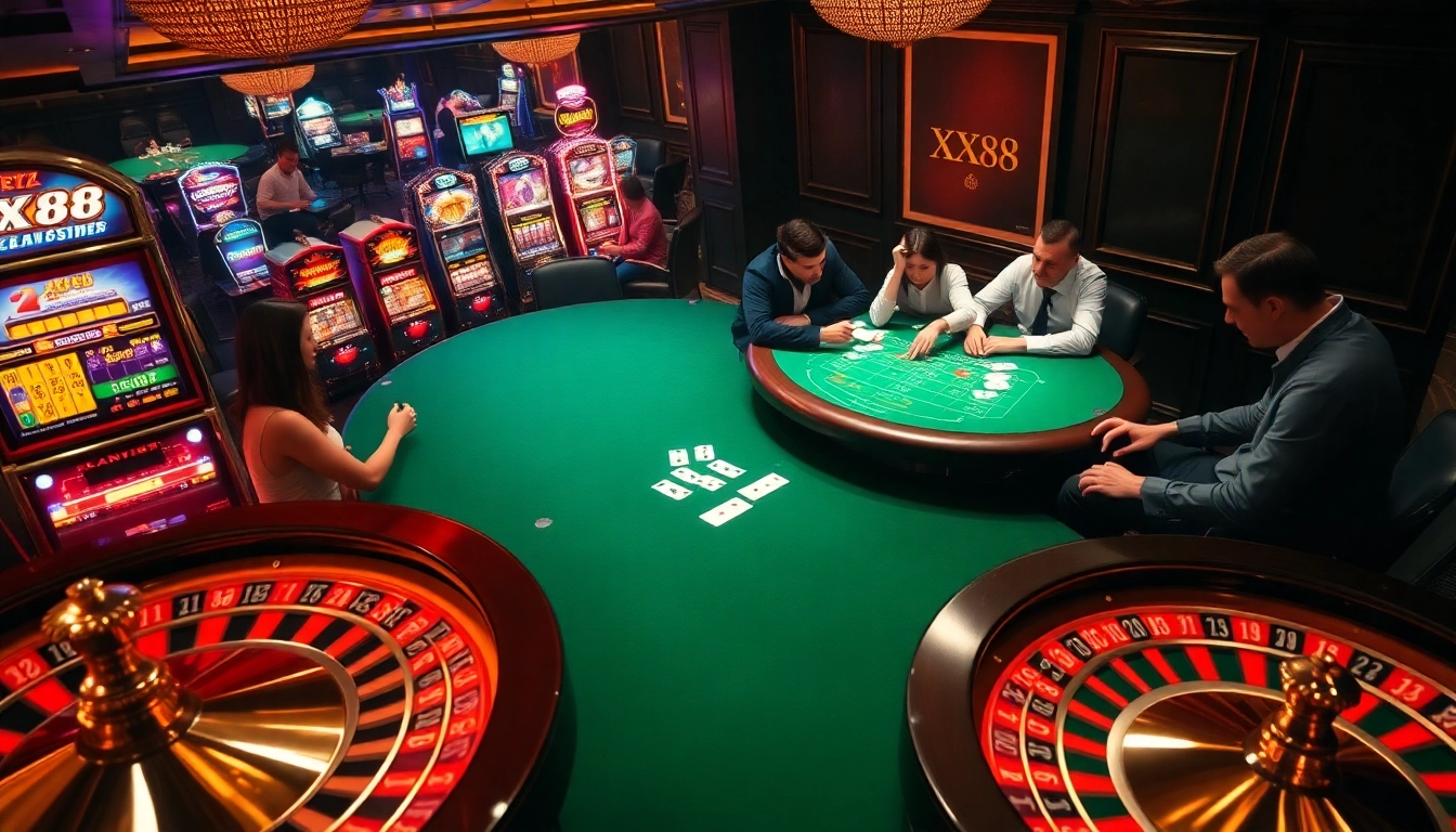 Players enjoying high-stakes games at an elegant casino featuring XX88 elements.
