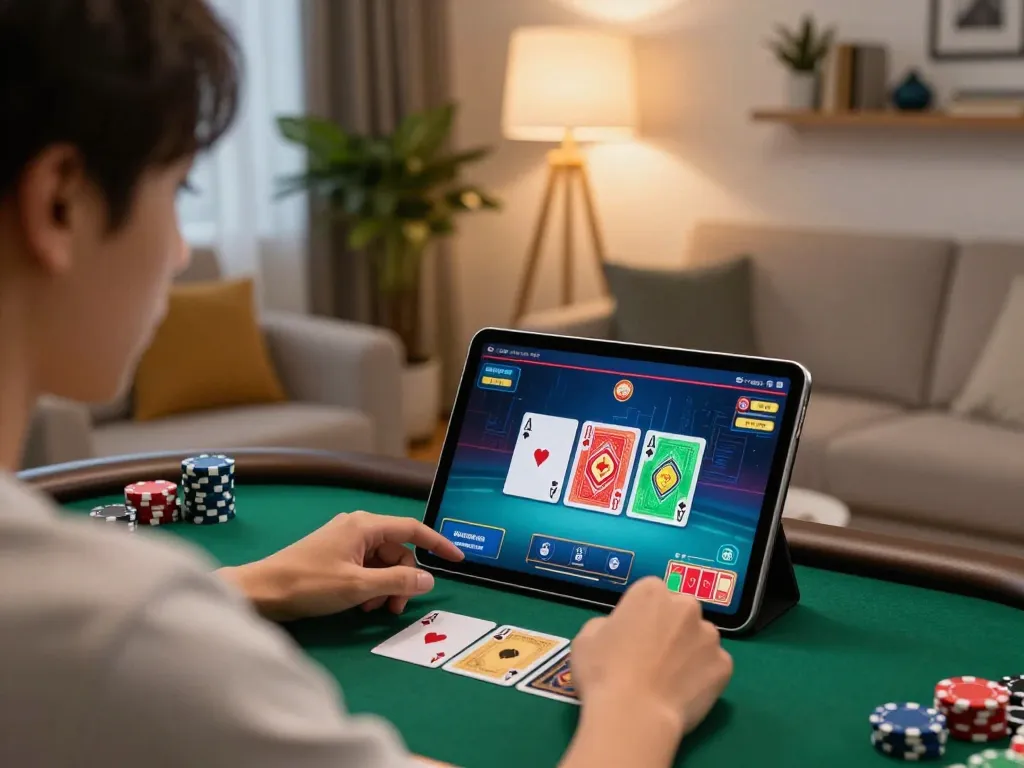 Cucu777 player strategizing with poker app on tablet in cozy living room setting, focused on game.