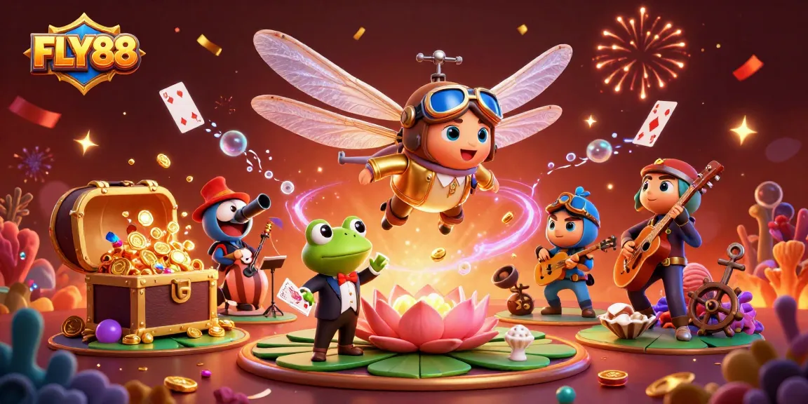 Engage with FLY88's lively casino scene featuring a dragonfly pilot and frog croupier.