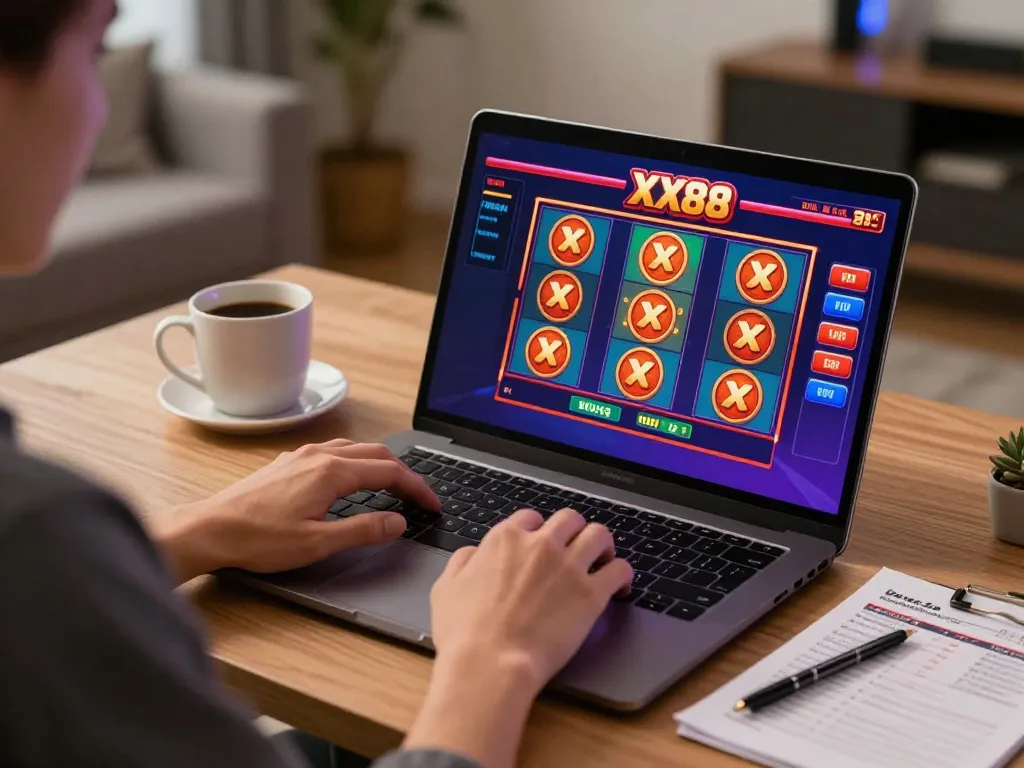 Player engaging with XX88 online casino slots on a laptop, showcasing an inviting gaming experience.