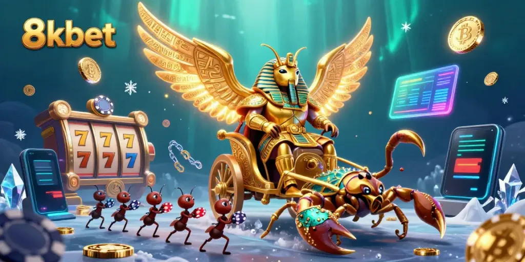 Engage with thrilling slots at 8kbet, featuring an epic 3D scene with golden beetles and dazzling coins.