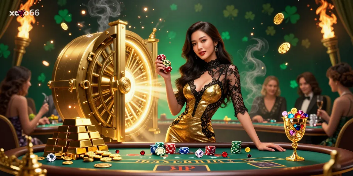Experience xoso66 with a glamorous Asian woman at a VIP baccarat table, showcasing high-stakes excitement and luxury.