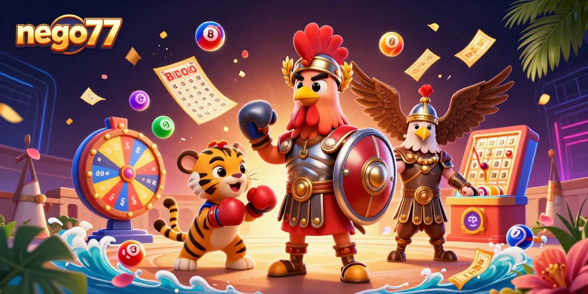 Engage with NEGO77's thrilling gaming experience in a vibrant 3D Easter arena illustration.