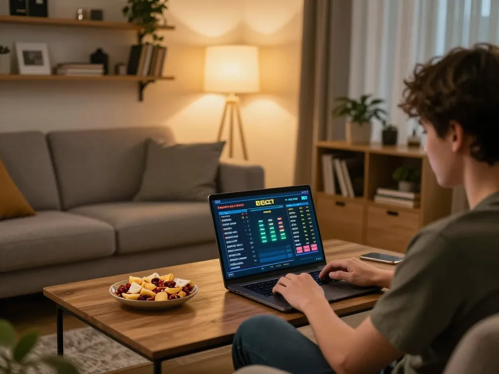 Engaging in online sports betting while checking kqbd updates on a laptop in a cozy living room.