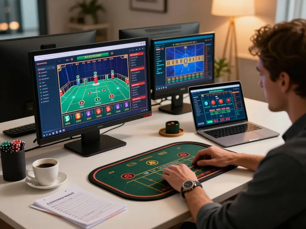 uu88 player strategizing online bets using multiple screens in a cozy gaming setup