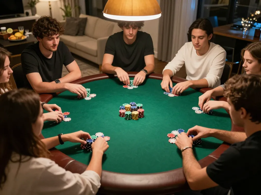 Friends playing competitive poker at home, showcasing 98win gaming strategies with focused expressions and vibrant chips.