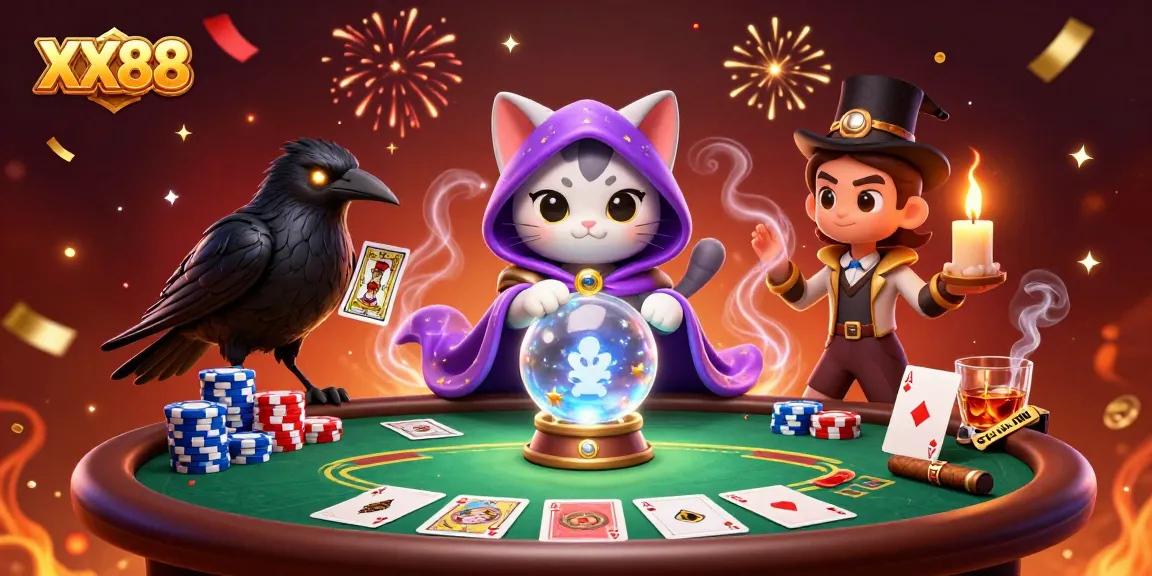 Experience the excitement of XX88 with a vibrant casino scene featuring fortune teller cat and poker elements.